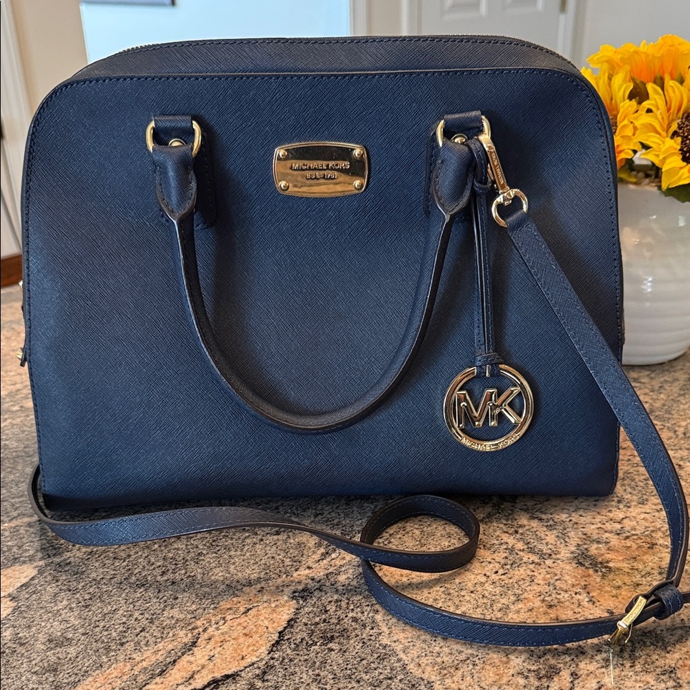 Michael Kors Dark Blue Satchel with Gold Accents